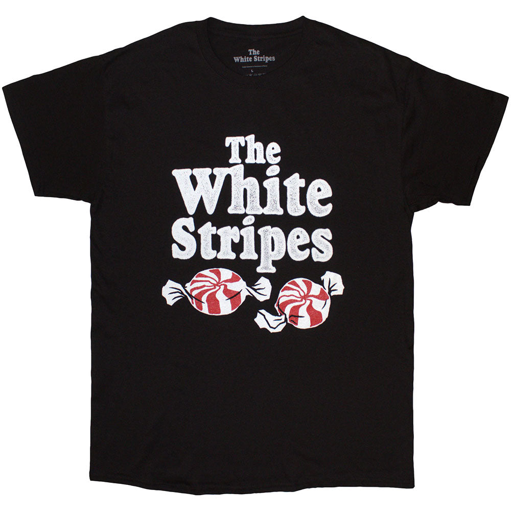 Black T-shirt with The White Stripes logo and two red and white peppermint candies.