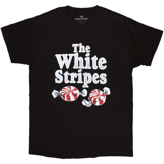 Black T-shirt with The White Stripes logo and two red and white peppermint candies.