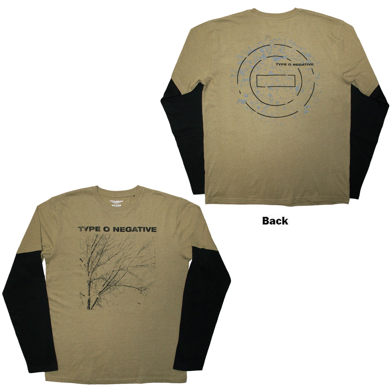 Tan long sleeve t-shirt with black sleeves and a tree graphic.