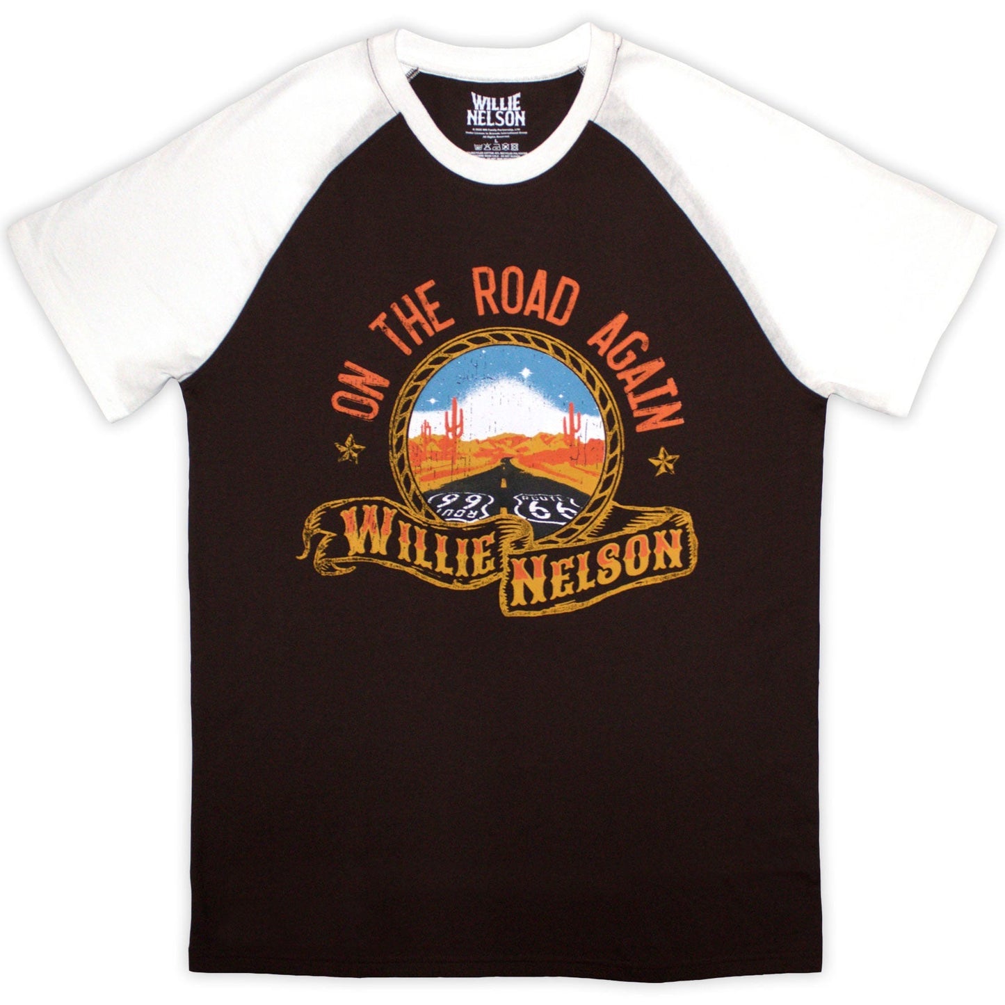 Brown raglan t-shirt with Willie Nelson and Route 66 graphic.