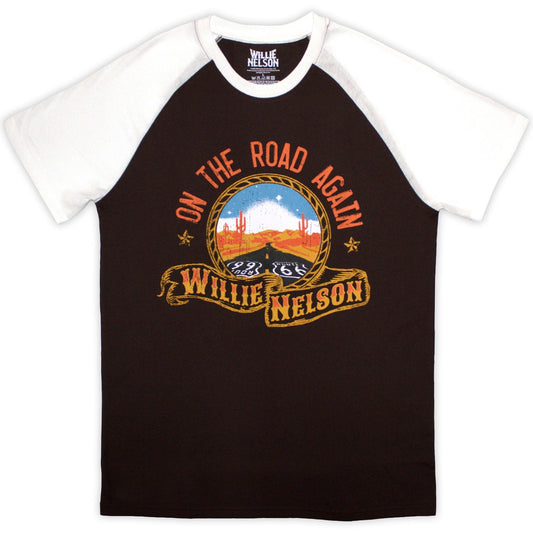 Brown raglan t-shirt with Willie Nelson and Route 66 graphic.