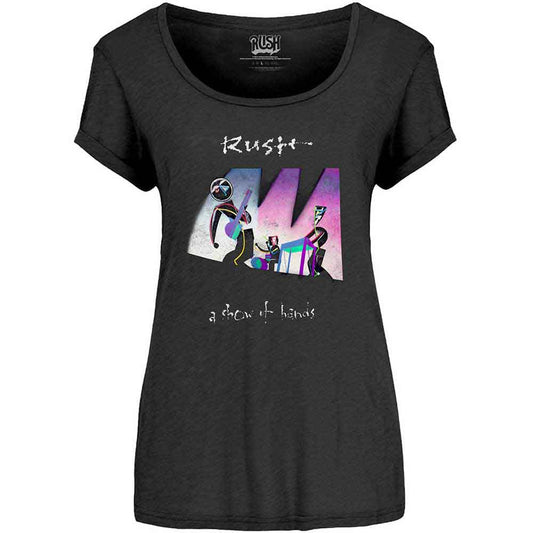 Black women’s t-shirt with Rush “A Show of Hands” album art.