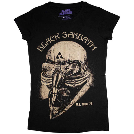 Black t-shirt with gold Black Sabbath graphic, worn by a model.