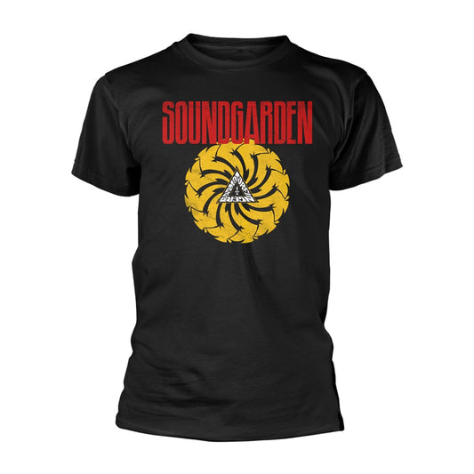 Black Soundgarden t-shirt featuring a yellow circular blade design and red band logo.