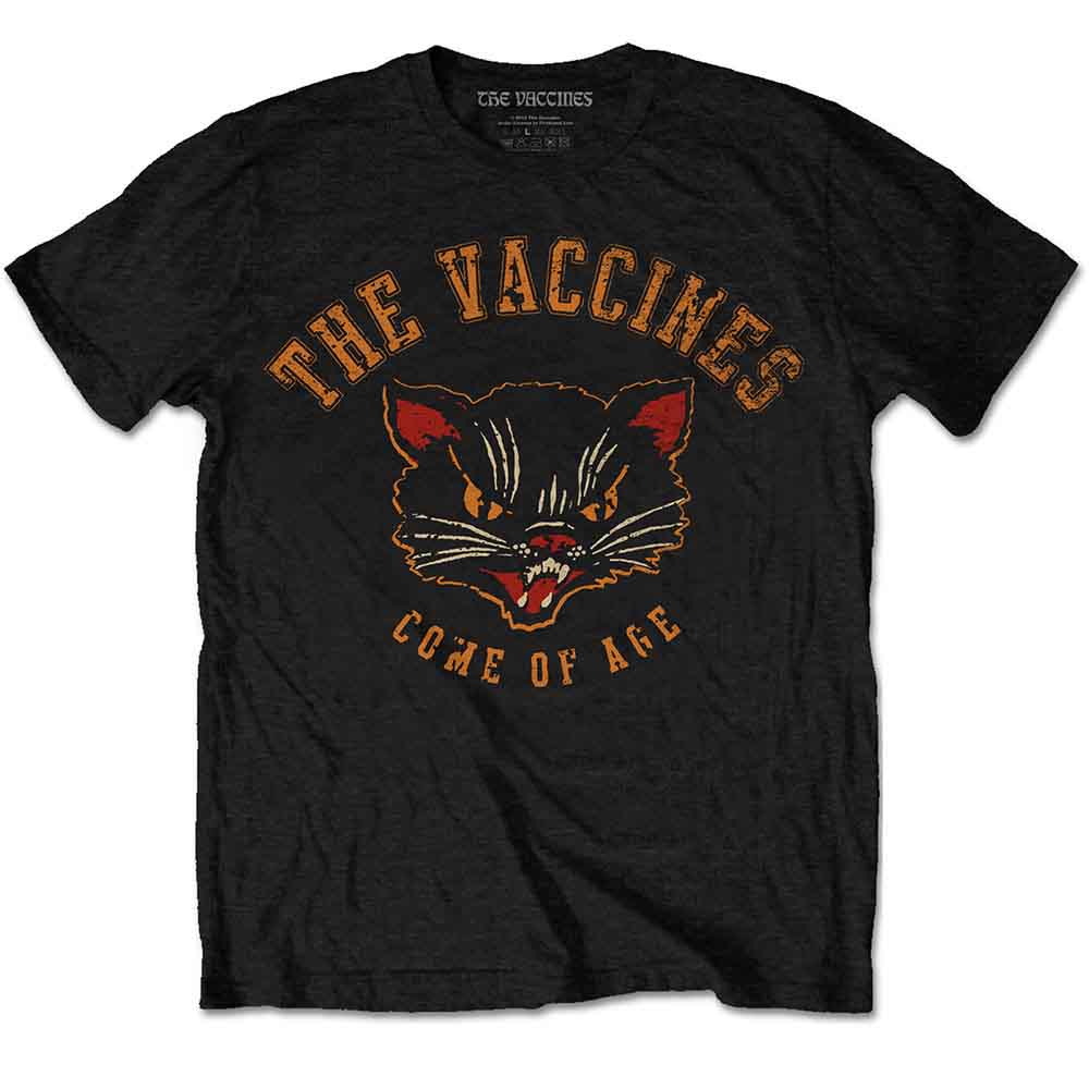 Black t-shirt with orange and red graphic of an angry cat face.