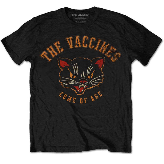 Black t-shirt with orange and red graphic of an angry cat face.