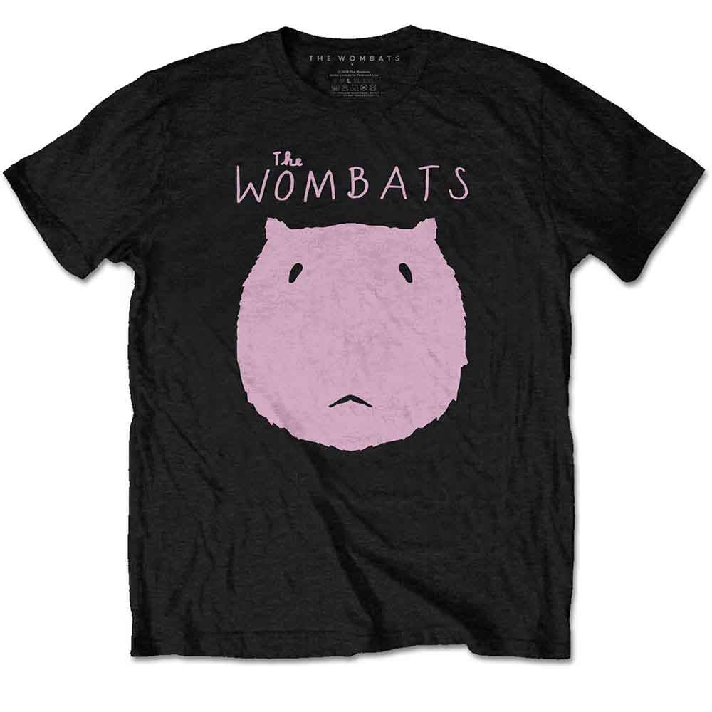 Black t-shirt with a pink wombat head illustration and band name.