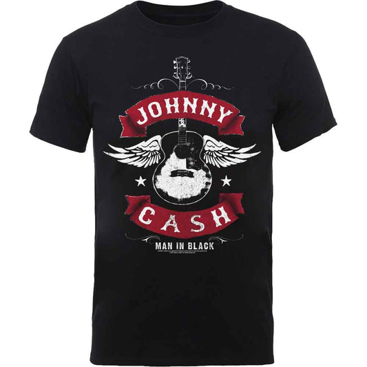 Black t-shirt with a winged guitar and "Johnny Cash" graphic.