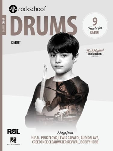 Cover of Rockschool Drums Debut music book featuring a young boy holding drumsticks.
