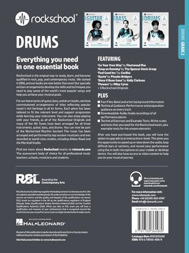 Back cover of Rock School Drums Grade 2 music book featuring text and logos.