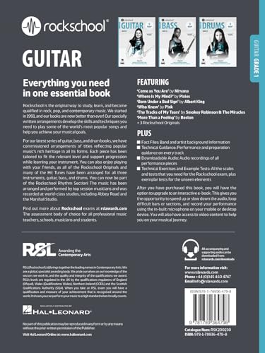 Back cover of Rock School Guitar Grade 1 music book with text and images.