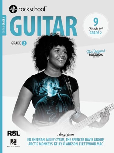 Rock School Guitar Grade 2 music book cover featuring a guitarist in black and white.
