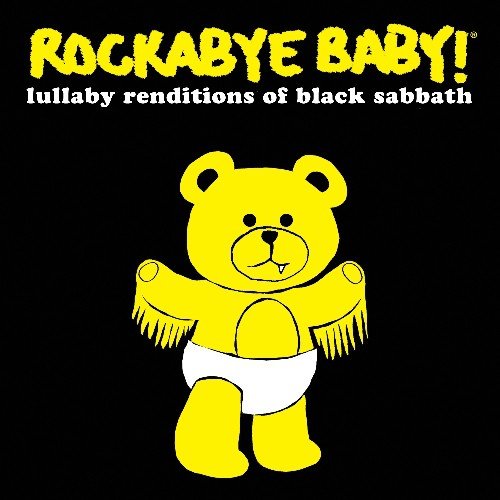 Yellow teddy bear with a diaper on a black background.