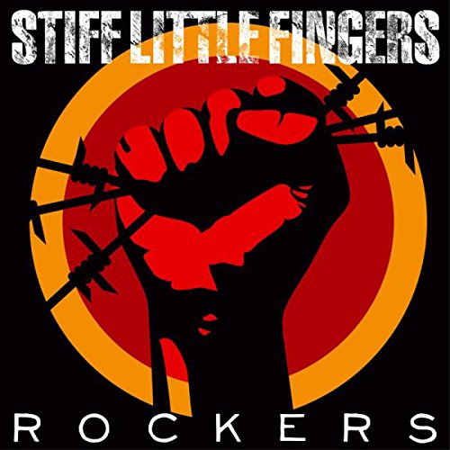"Red and orange circle with a black fist and barbed wire, on black background."