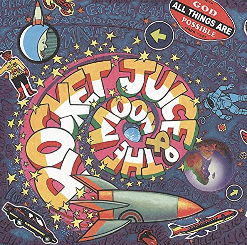 Colorful CD cover with swirling text, rockets, planets, and a spaceman.