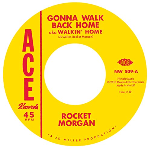 Yellow vinyl record label with red text: “Gonna Walk Back Home” by Rocket Morgan.