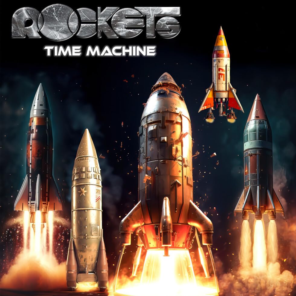 Album cover: "Rockets - Time Machine" featuring retro rockets launching upwards.