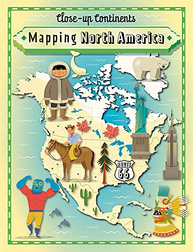 Illustrated map of North America with animals, landmarks, and people.