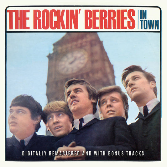 Album cover for The Rockin’ Berries featuring four men and a clock tower.