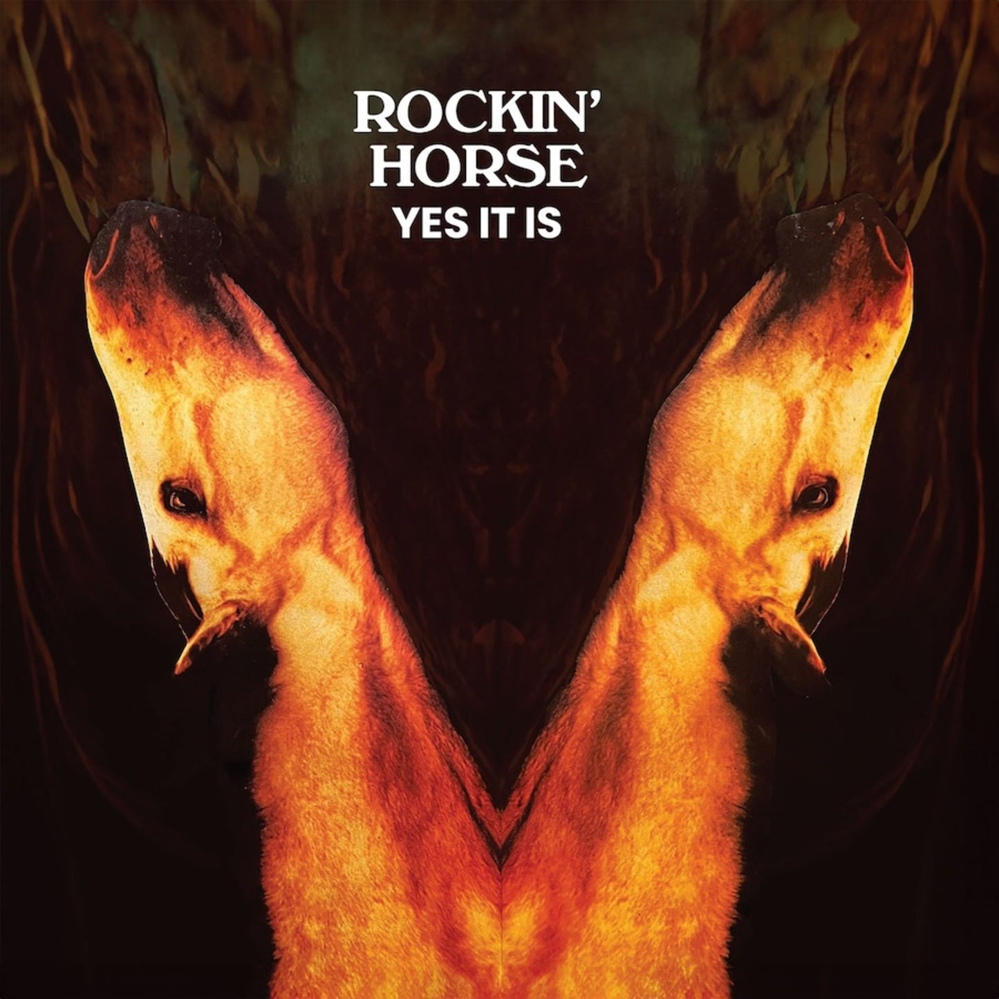 CD cover with mirrored horse heads against a dark, fiery background.