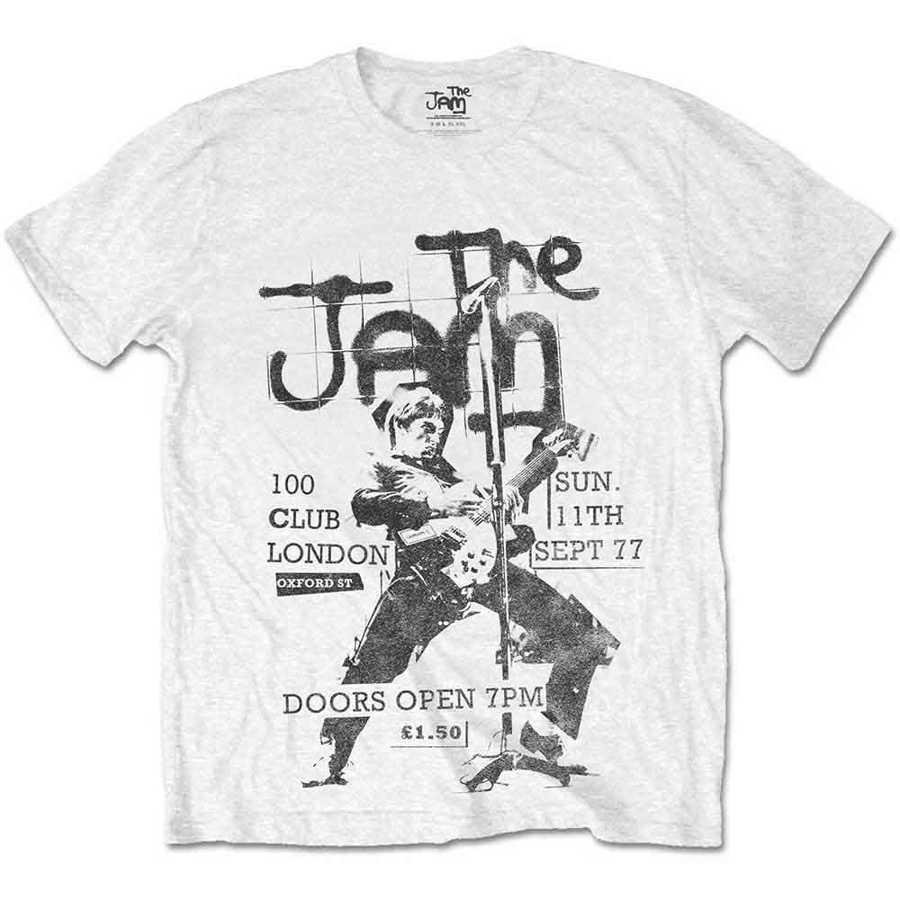 White t-shirt with black graphic of The Jam concert poster, 1977.