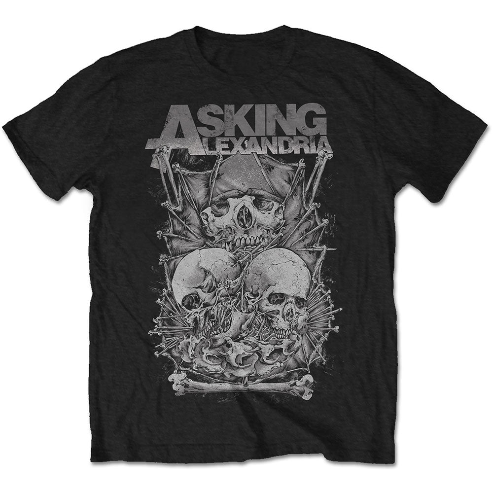 Black t-shirt with a distressed white skull and band logo graphic.