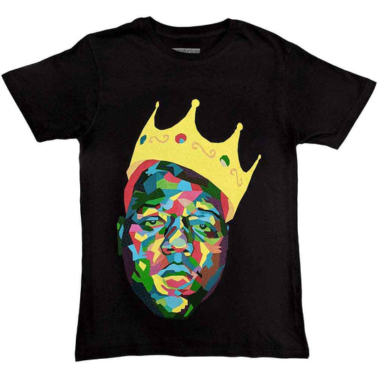Black t-shirt with a colorful portrait of The Notorious B.I.G. wearing a crown.