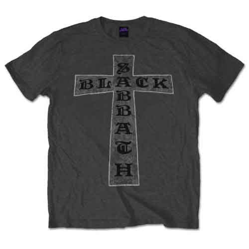 Charcoal grey t-shirt with a white cross and "Black Sabbath" text.