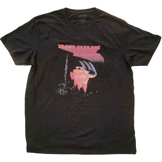 Black t-shirt with pink and purple “Paranoid” album art graphic.