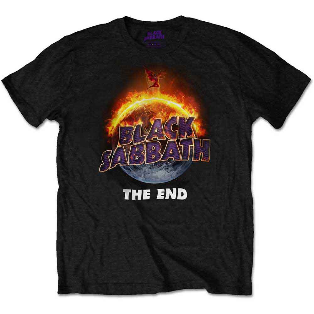 Black t-shirt featuring a flaming planet graphic with Black Sabbath logo and The End.