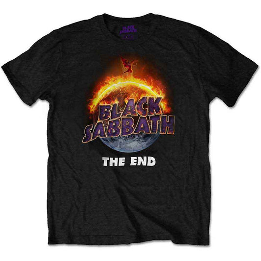 Black t-shirt featuring a flaming planet graphic with Black Sabbath logo and The End.