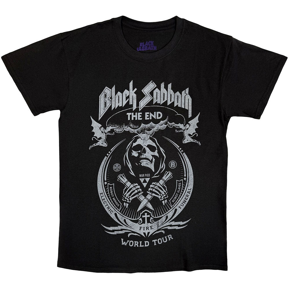 Black t-shirt with Black Sabbath “The End” skull and mushroom cloud design.