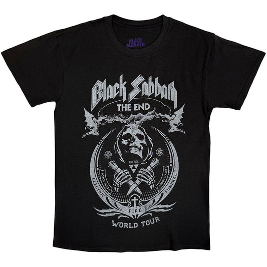 Black t-shirt with Black Sabbath “The End” skull and mushroom cloud design.