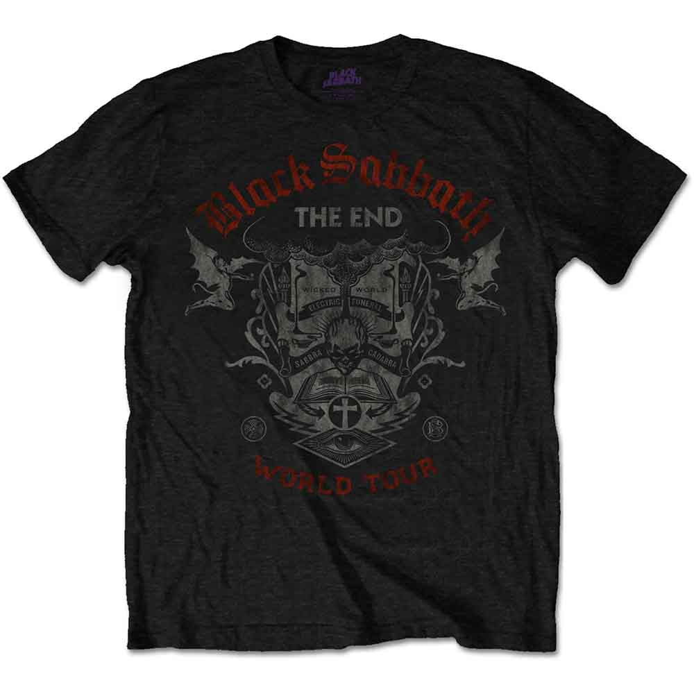 Black t-shirt with "Black Sabbath The End" graphic and bats.