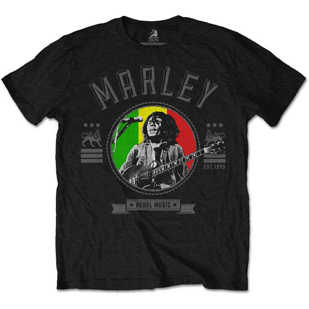 Black t-shirt with a graphic of Bob Marley playing guitar.