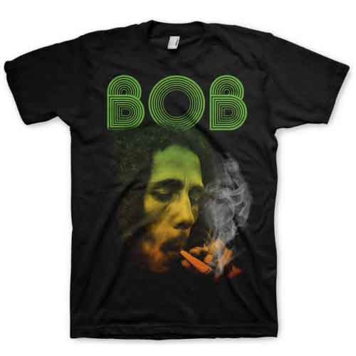 Black t-shirt with a colorful graphic of Bob Marley smoking.