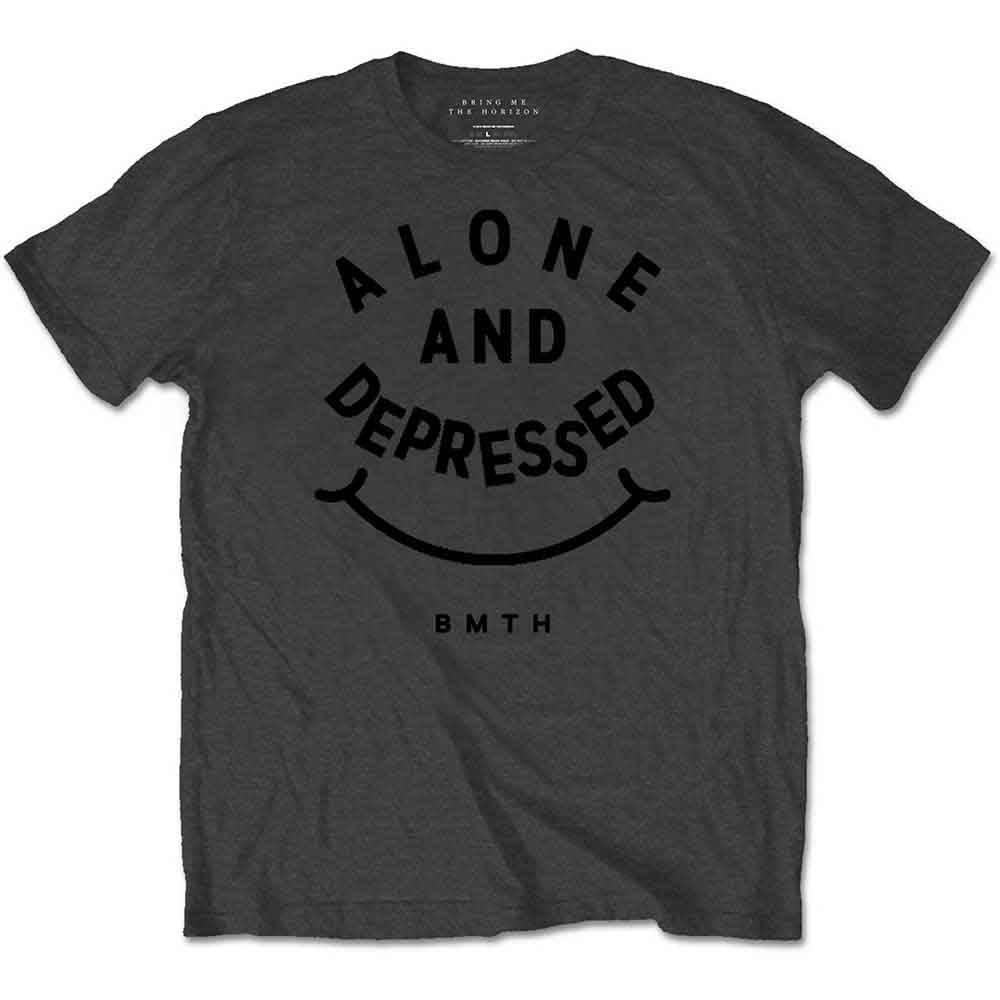Black t-shirt with “Alone & Depressed” design, Bring Me The Horizon band logo.