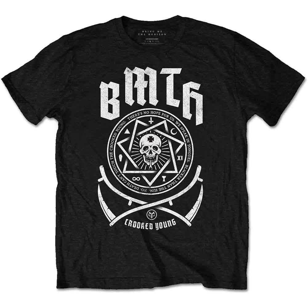 Black t-shirt with white and grey Bring Me The Horizon graphic design.