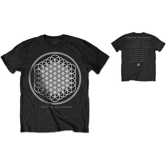 Black t-shirt featuring a white geometric flower of life design and band name.