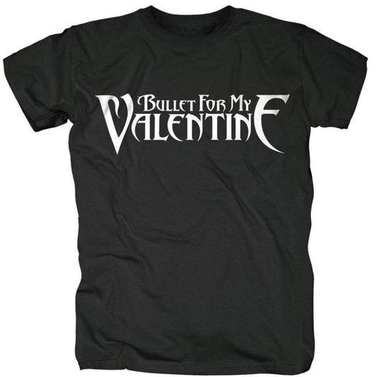 Black t-shirt with white “Bullet For My Valentine” band logo on a model.
