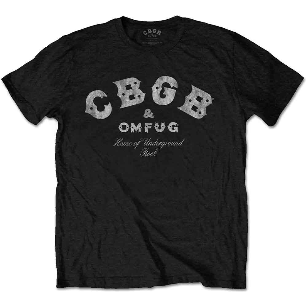Black short-sleeved t-shirt with distressed white CBGB & OMFUG logo and text.
