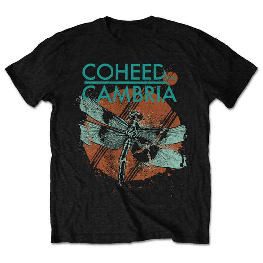 Black t-shirt with a teal dragonfly and band name graphic.