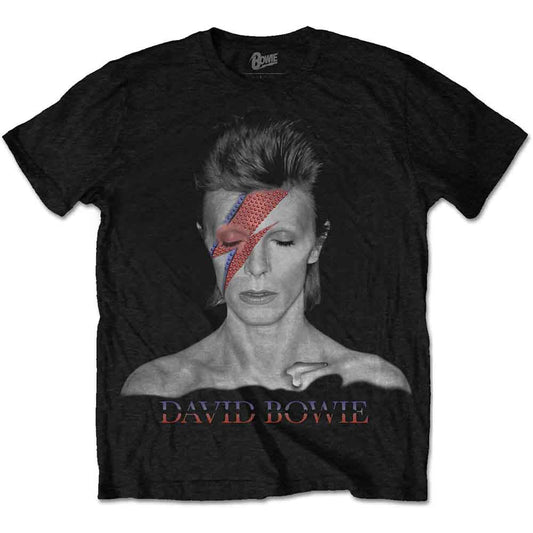 Black t-shirt with a portrait of David Bowie’s Aladdin Sane era makeup.