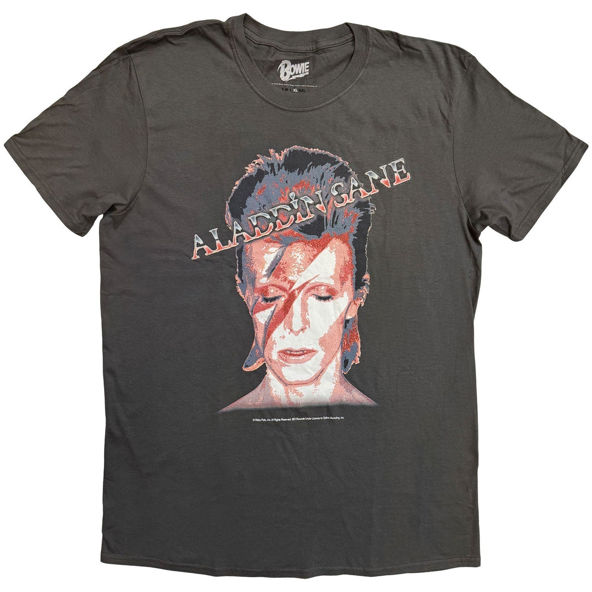 Charcoal grey t-shirt with a colorful graphic of David Bowie’s Aladdin Sane album cover.