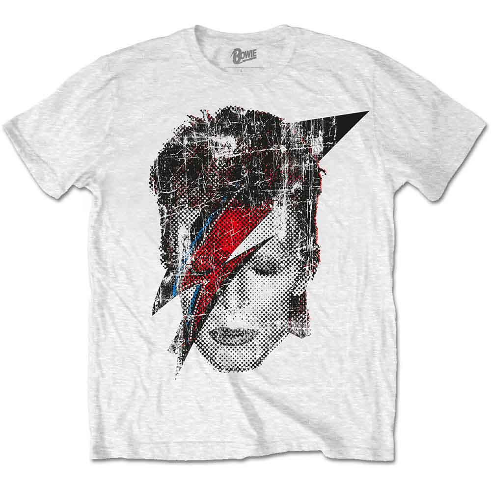 White t-shirt with halftone portrait of David Bowie and red lightning bolt.