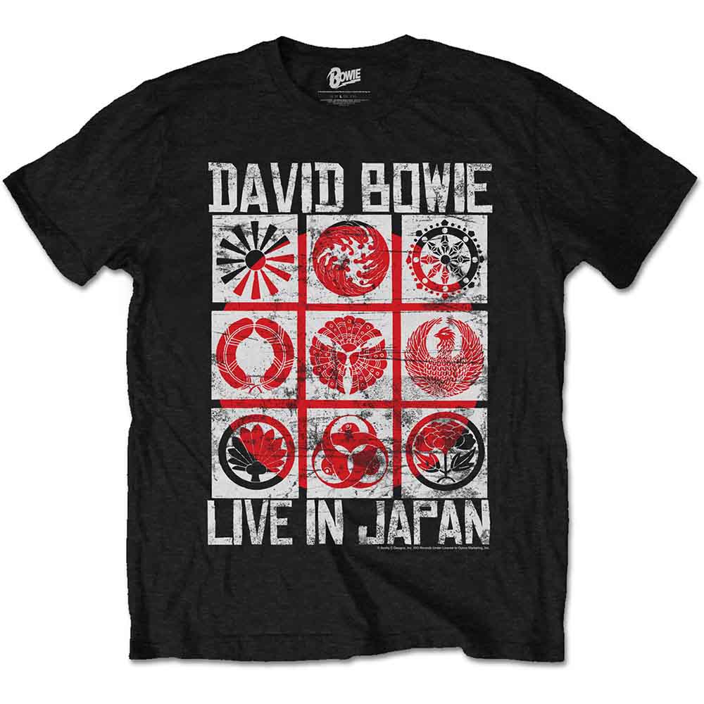 Black t-shirt with a distressed graphic of David Bowie “Live in Japan”.