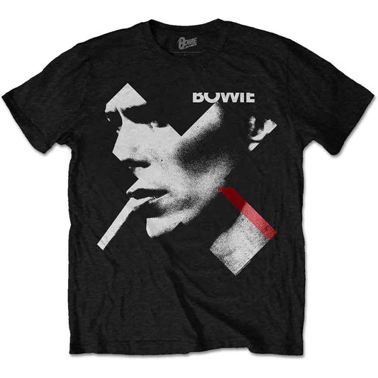 Black t-shirt with a white and red graphic of David Bowie’s face.