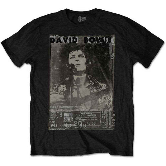 Black t-shirt with a distressed graphic of David Bowie as Ziggy Stardust.