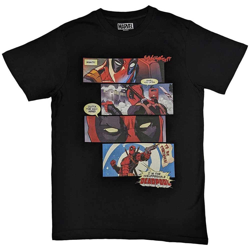 Black t-shirt with a comic strip featuring the Marvel character Deadpool.