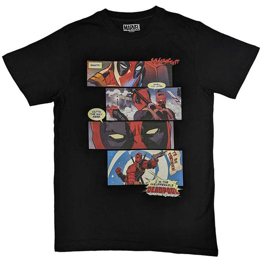 Black t-shirt with a comic strip featuring the Marvel character Deadpool.